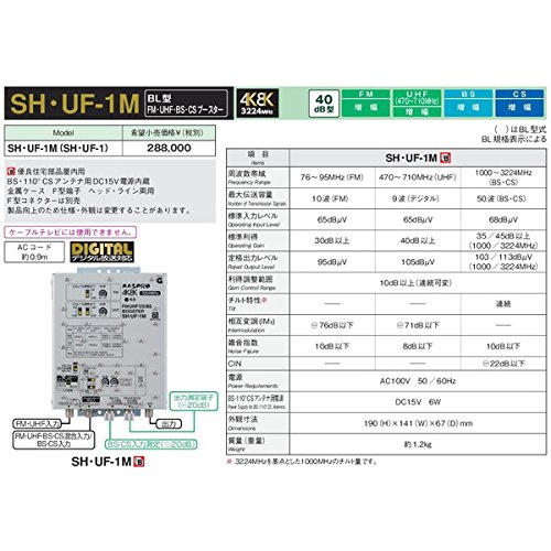 【中古】「非常に良い」マスプロ FM・UHF・BS・CSブースター BL型 共同受信用 40dB型 SH・UF-1M マスプロ（MASPRO） FM・UHF・BS・CSブースター BL型 共同受信用 40dB